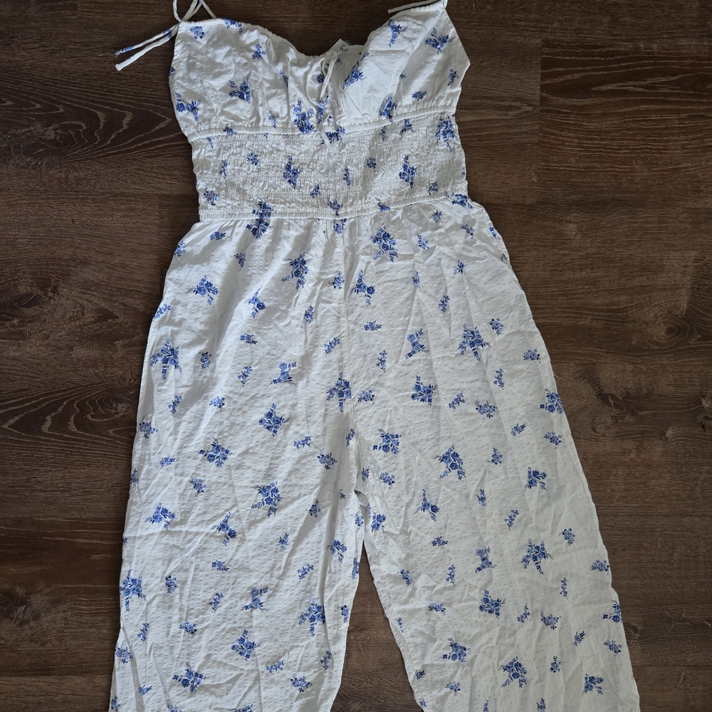 H&M White and Blue Floral Jumpsuit